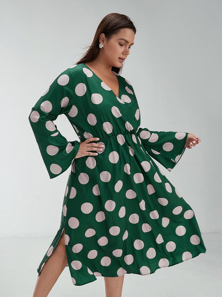 Polka Dot Slit Flared Sleeve Dress