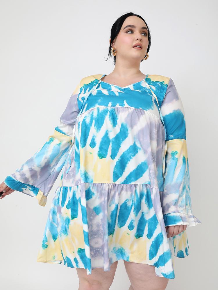 Tie Dye Flared Sleeve Loose Dress