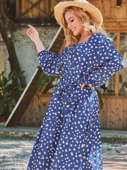 Dot Lantern Sleeve Belt Dress