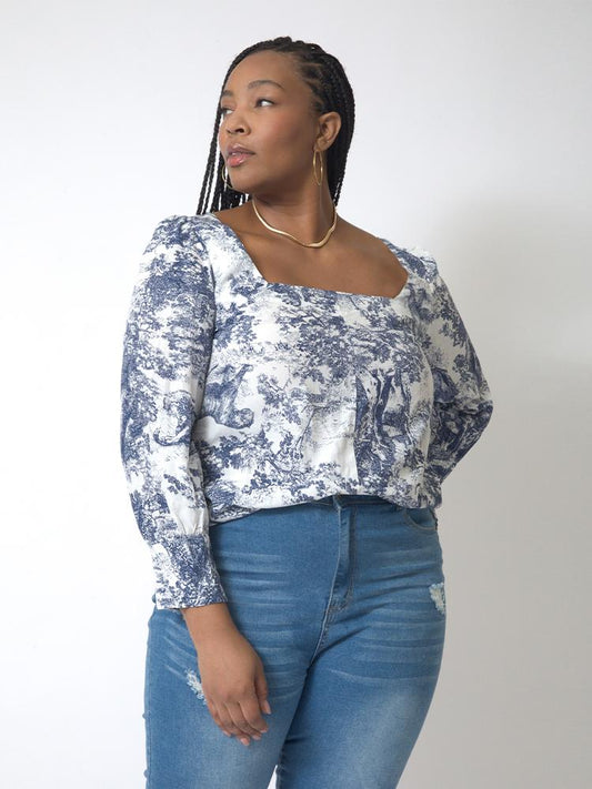 Animal And Plant Printed Square Neck Top