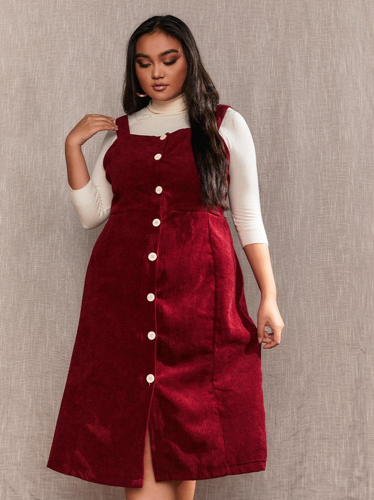 Corduroy Button Through Strap Dress