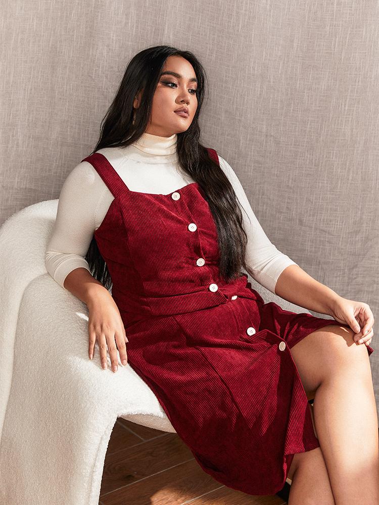 Corduroy Button Through Strap Dress