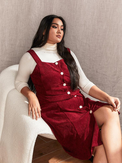 Corduroy Button Through Strap Dress