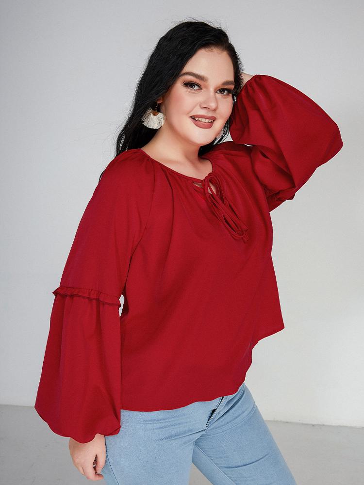 Knotted Notched Neckline Lantern Sleeve Blouse