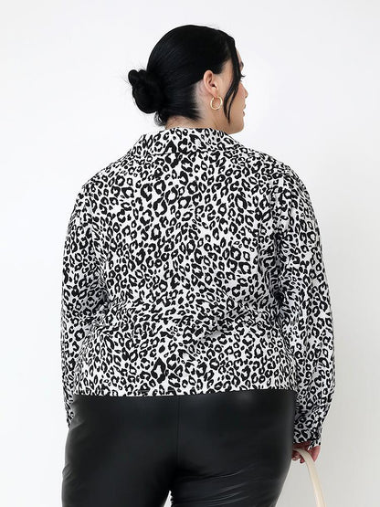 Black Leopard Print Lapel Collar Blouse