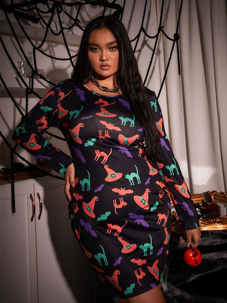 Halloween Cat Witch Hat Bat Print Dress