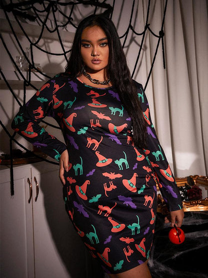 Halloween Cat Witch Hat Bat Print Dress