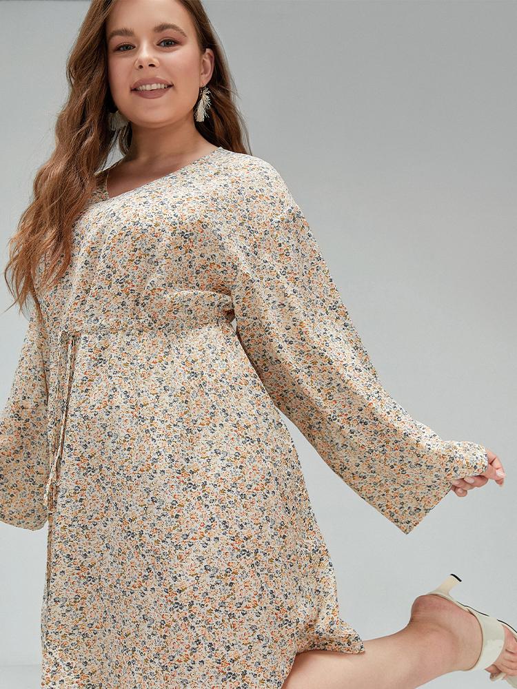 Ditsy Drawstring V-neck Dress