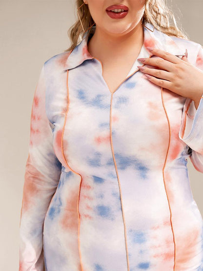Tie Dye Split Hem Lapel Collar Dress
