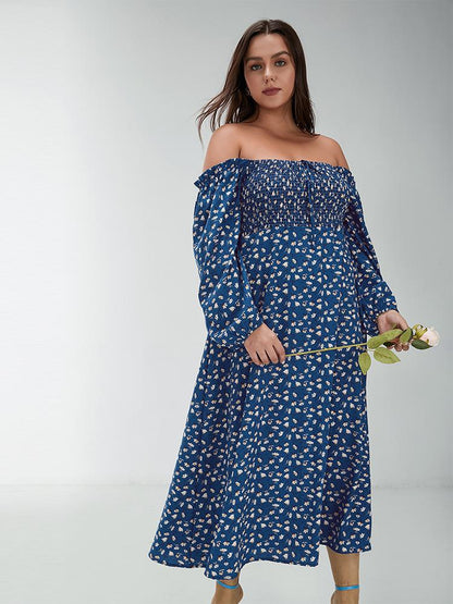 Ditsy Shirred Off Shoulder Maxi Dress