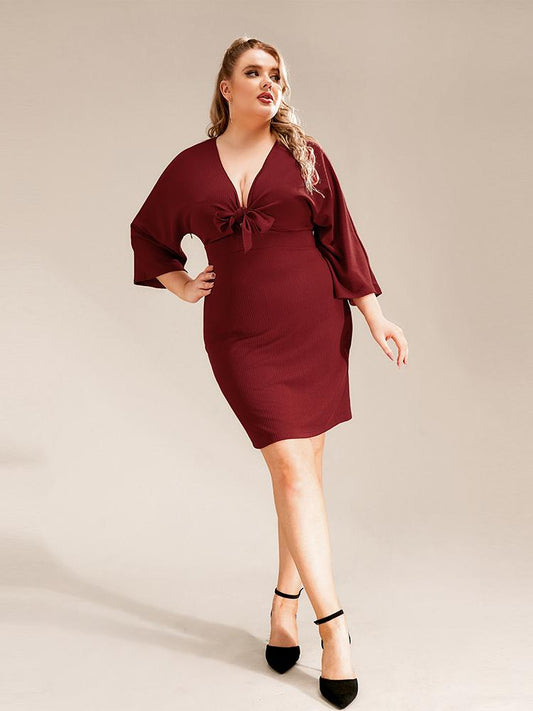 Deep V Neckline Bowknot 2/3 Sleeve Dress