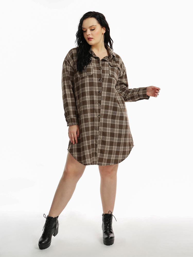 Plaid Curved Hem Shirt Dress