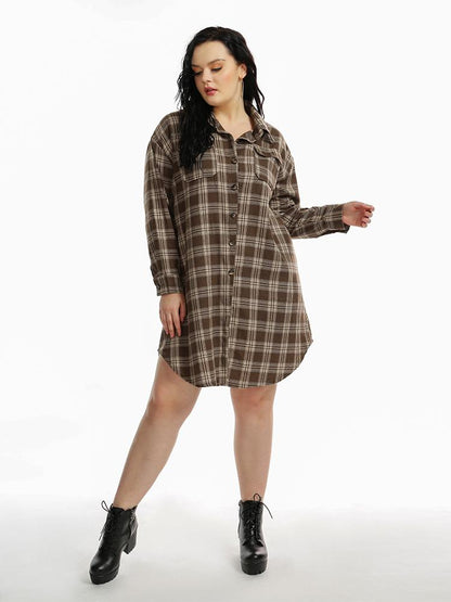 Plaid Curved Hem Shirt Dress