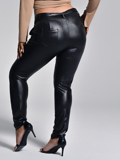 Belt Solid Color PU Pants