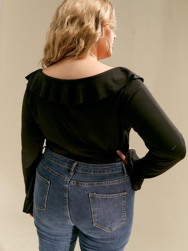 Ruffled Round Neck Long-sleeved T-shirt