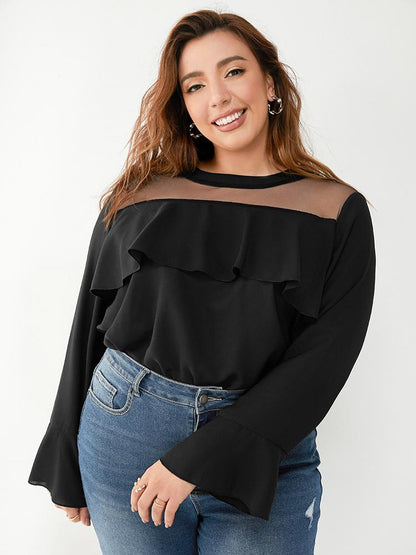 Mesh Panel Ruffled Top