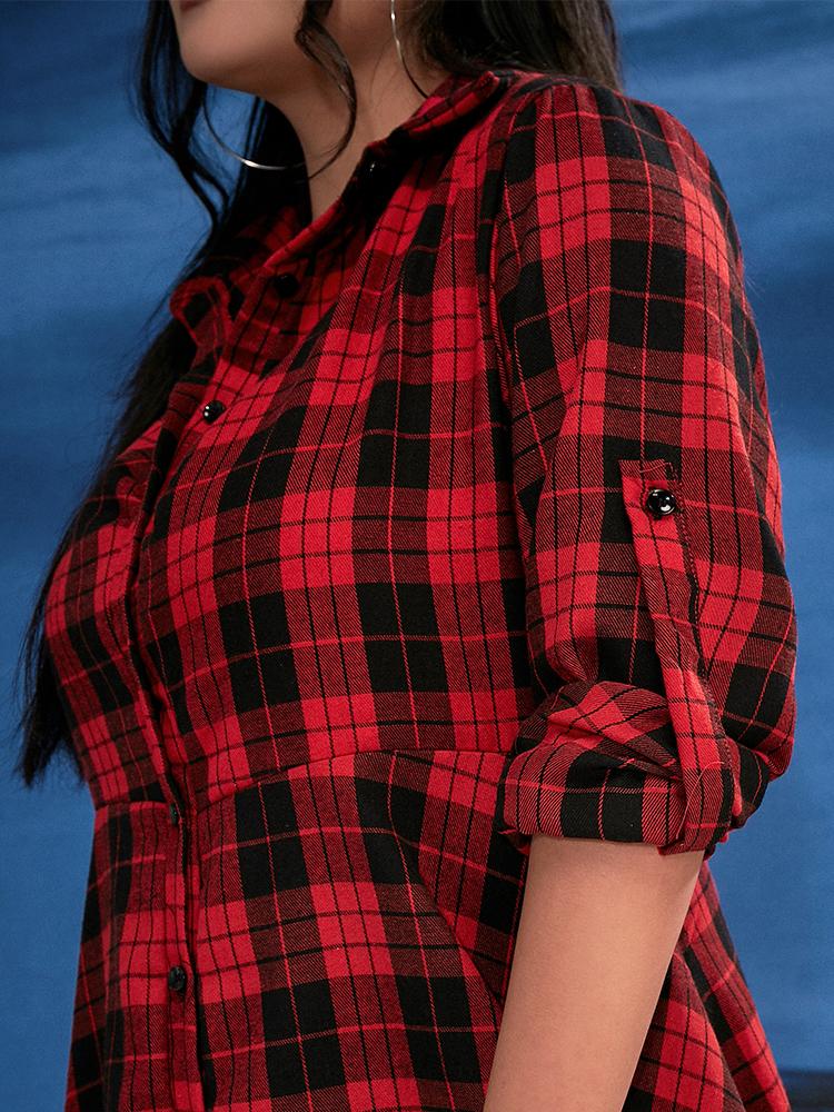 Plaid Irregular Hem Button Blouse