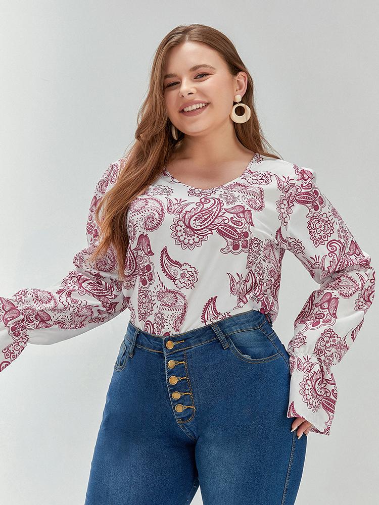 Floral Lantern Sleeve Round Neck Blouse
