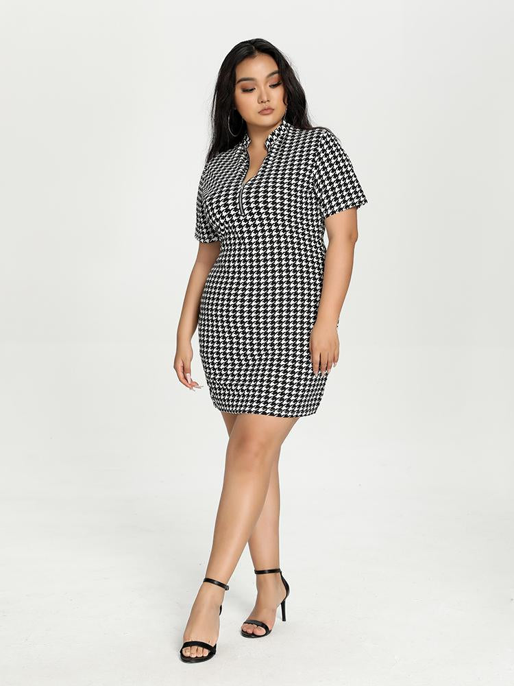 Houndstooth Zipper Collar Dress