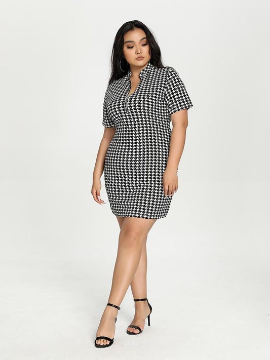 Houndstooth Zipper Collar Dress