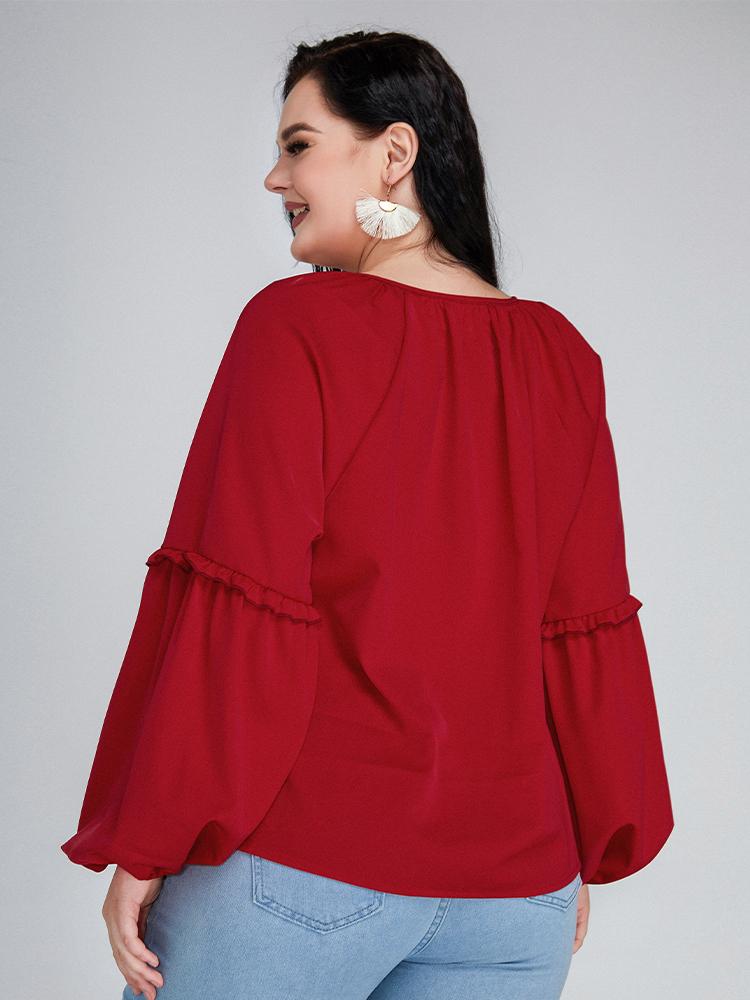 Knotted Notched Neckline Lantern Sleeve Blouse