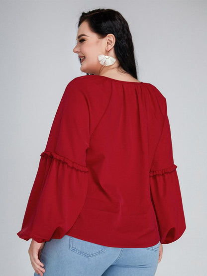 Knotted Notched Neckline Lantern Sleeve Blouse