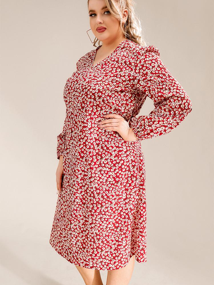 Ditsy V-neck Long-sleeved Dress
