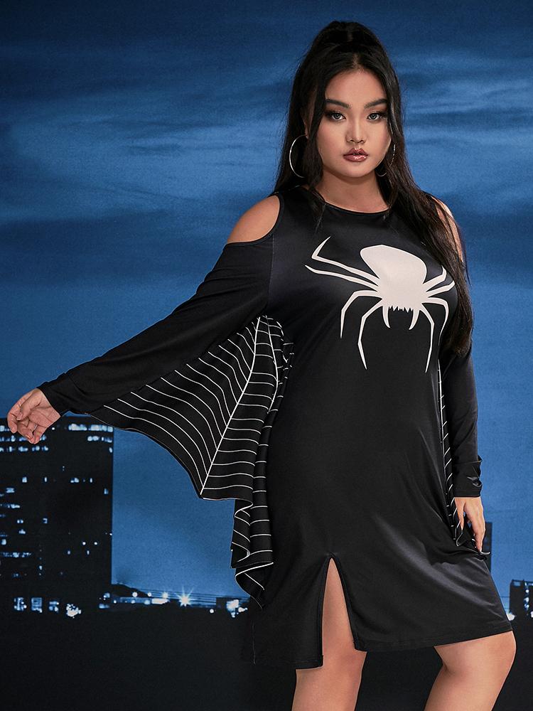 Halloween Spider Slit Cold Shoulder Dress
