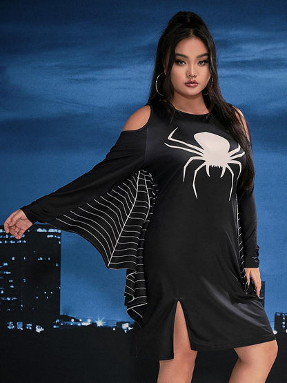 Halloween Spider Slit Cold Shoulder Dress