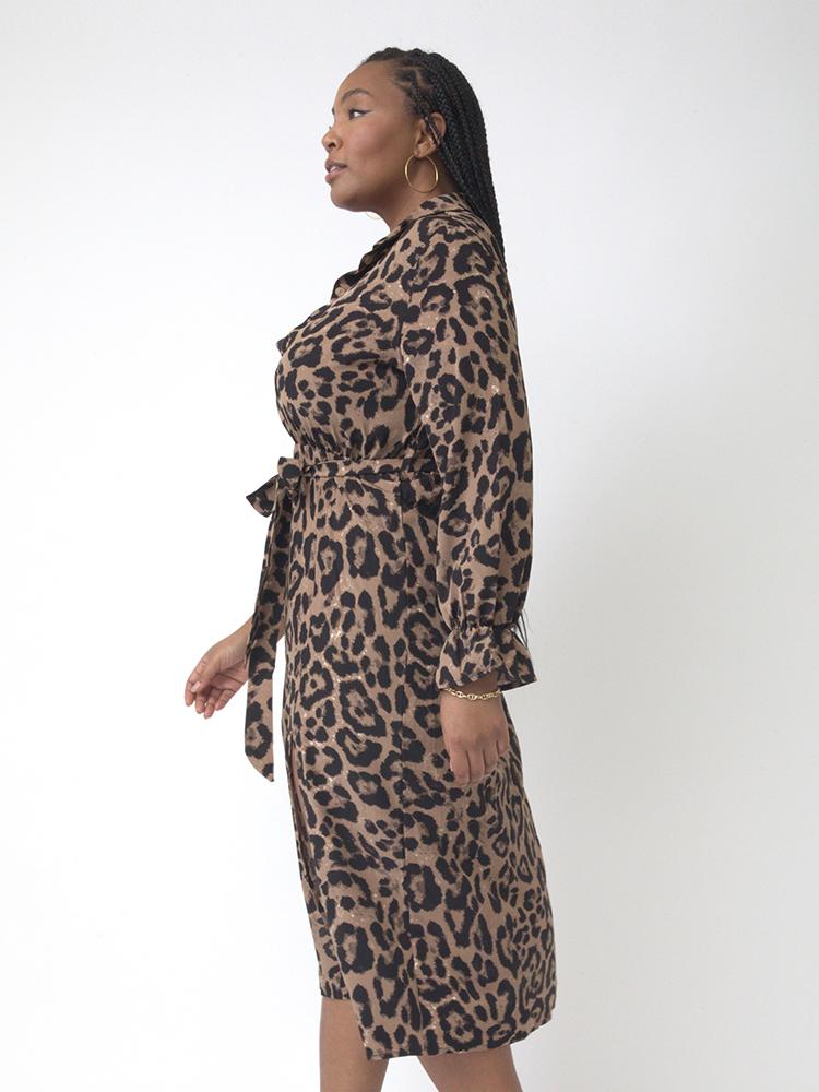 Leopard Print Lapel Collar Shirt Dress