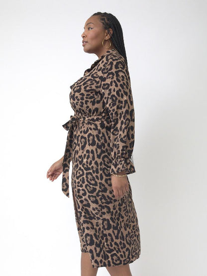 Leopard Print Lapel Collar Shirt Dress