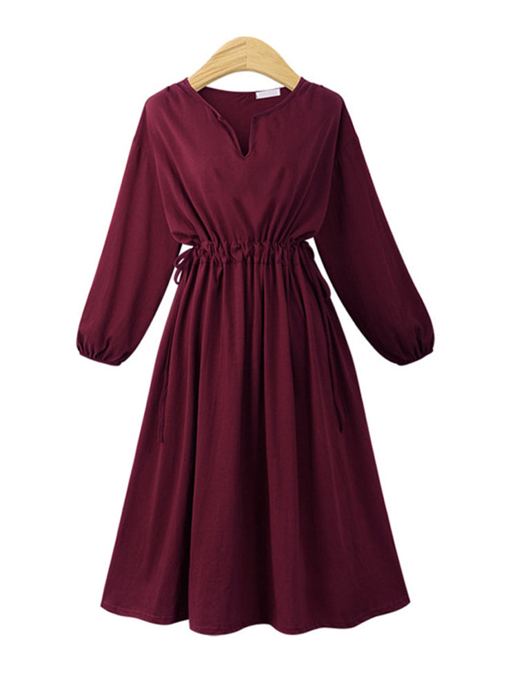 Elastic Waist V-neck Solid Color Dress