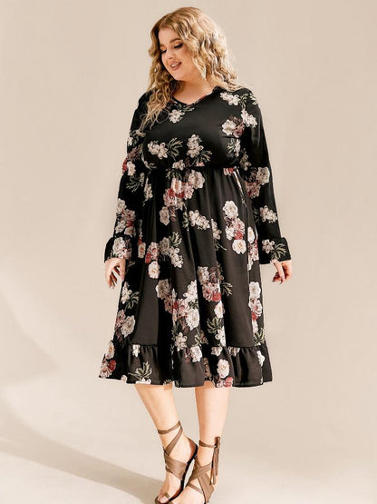 Floral Ruffled Long Sleeve V-Neck Dress