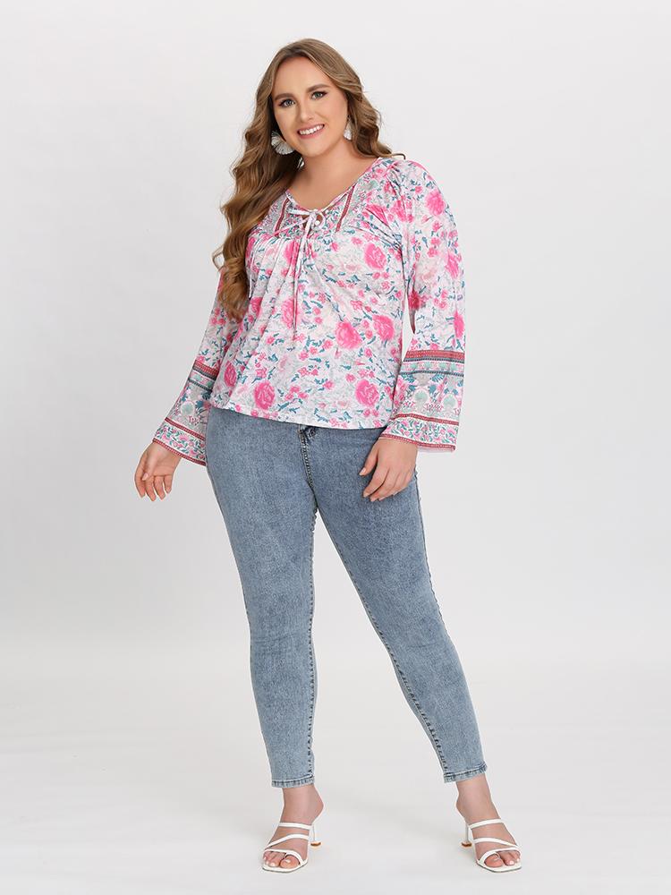 Ethnic Floral Lace Up Blouse