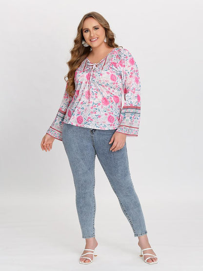 Ethnic Floral Lace Up Blouse