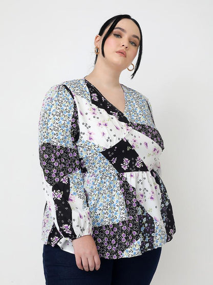 Floral Panel V-neck Tops