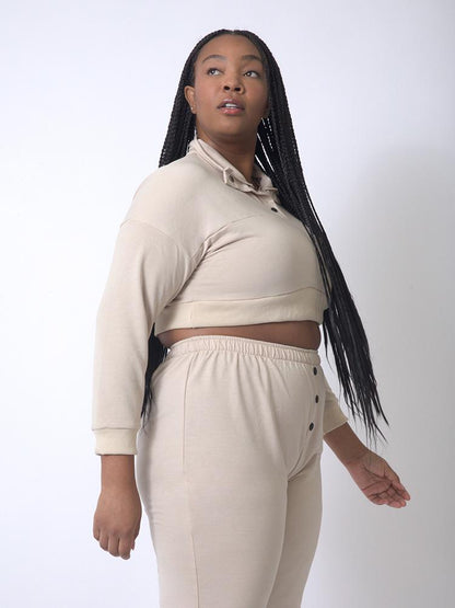 Buttoned Long Sleeve Crop Sweatshirt