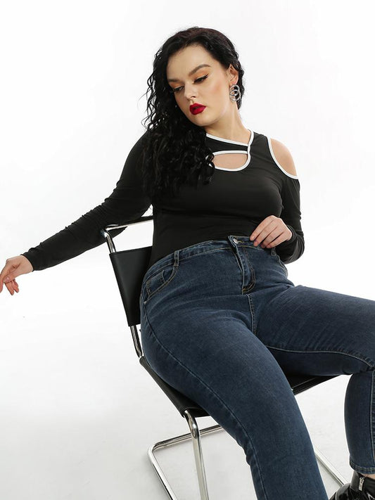 Irregular Neck Cutout  Long-sleeved T-shirt