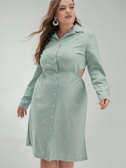 Cut Out Lapel Collar Shirt Dress