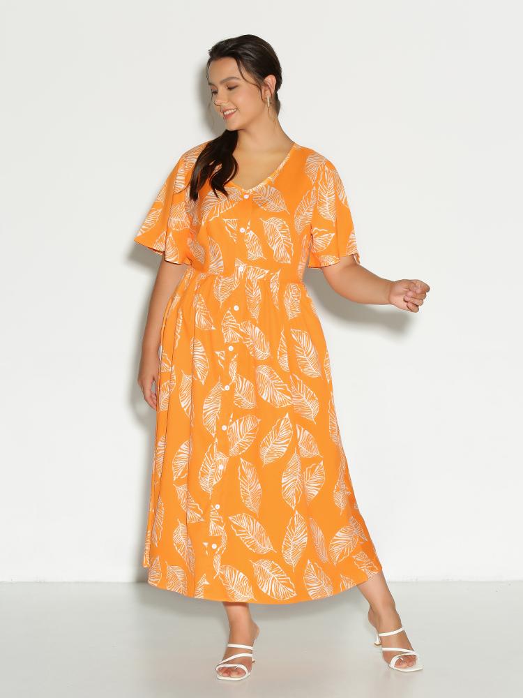 Leaf Print Short Sleeve Dress