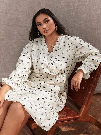 Printed V-neck High Waist Dress