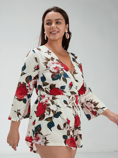 Floral Drawstring V-neck Jumpsuit