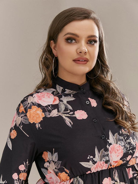 Buttoned Floral Stand-up Collar Dress