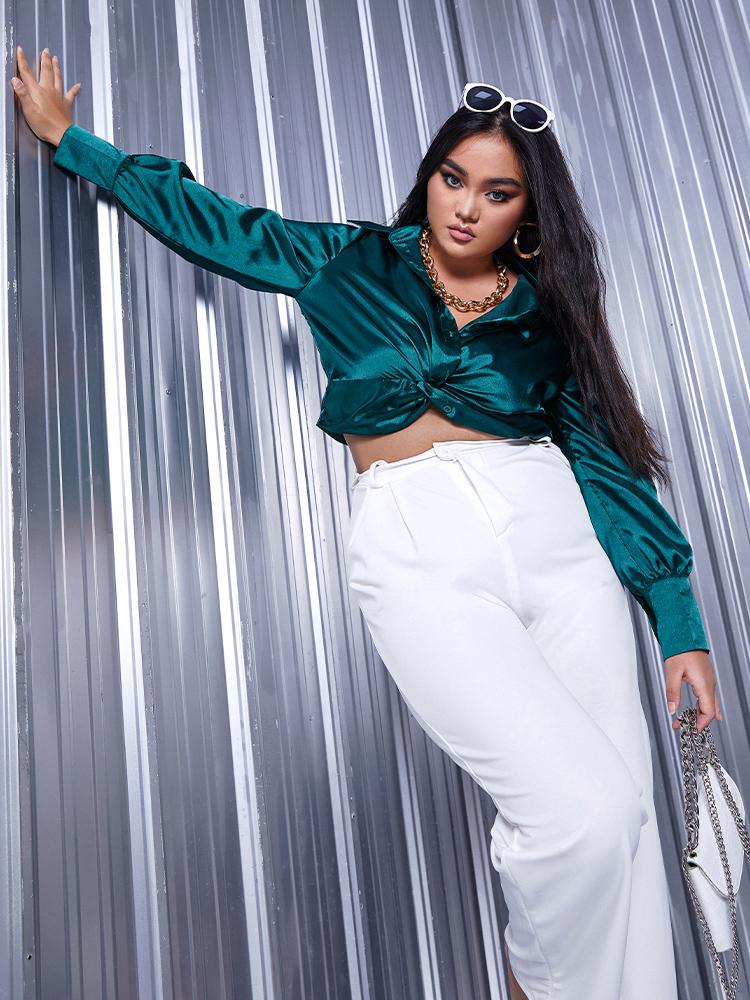 Twisted Front Lapel Collar Crop Blouse