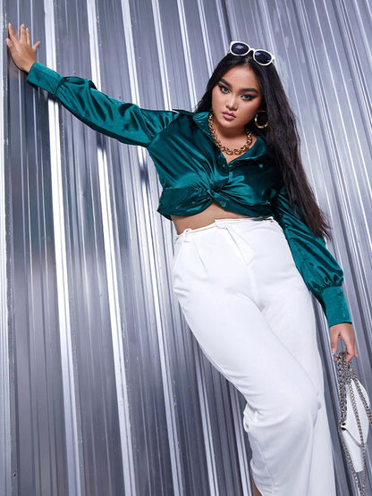 Twisted Front Lapel Collar Crop Blouse