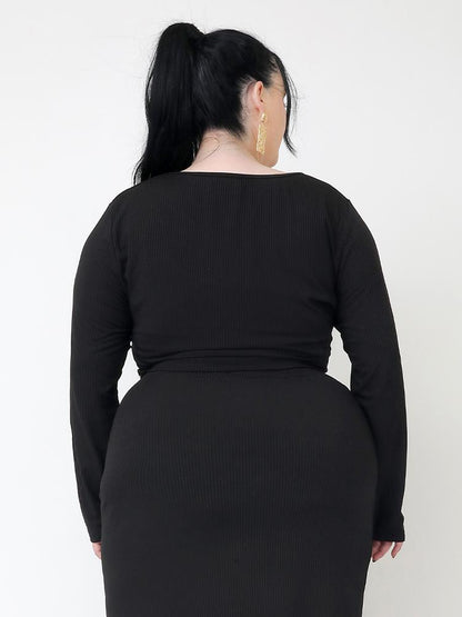 Solid V-neck Long-sleeved Crop T-shirt