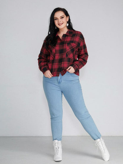 Plaid Pocket Lapel Collar Blouse