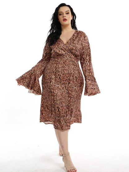Leopard Flared Sleeve V-neck Wrap Dress
