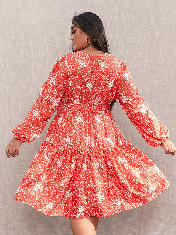 Ditsy Floral Ruffle Hem V Neck Dress