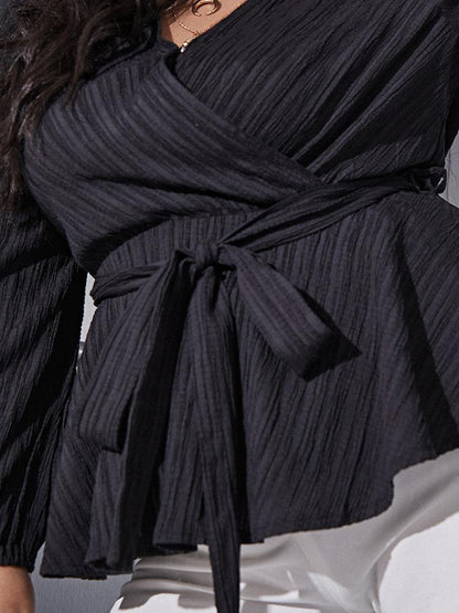 Solid Waist V-neck Wrap Blouse